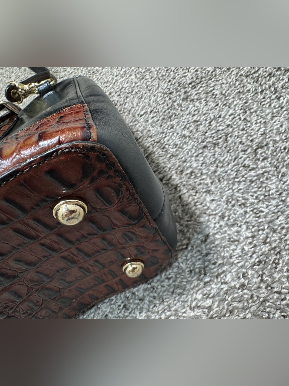 Brahmin Black Leather Satchel Shoulder Bag Brown Croc Embossed Trim Purse - Picture 7 of 16